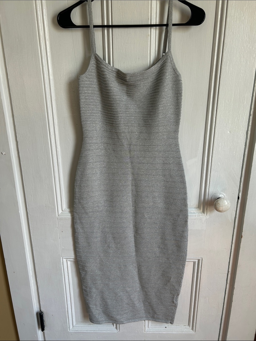 Express Silver Midi Bodycon Dress with Spaghetti Straps